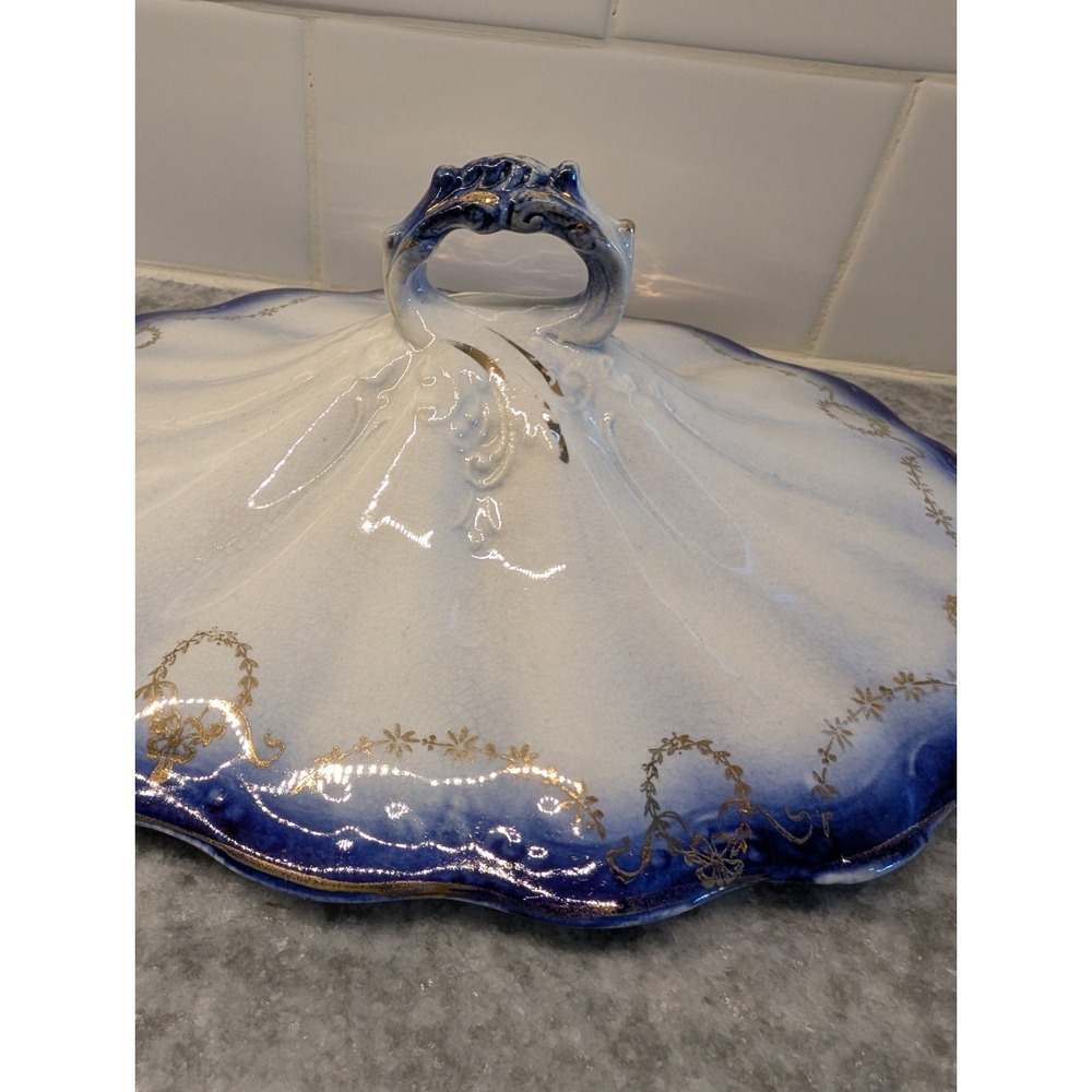 Antique La Francaise Flow Blue Porcelain Lid‎ Only 9.5"